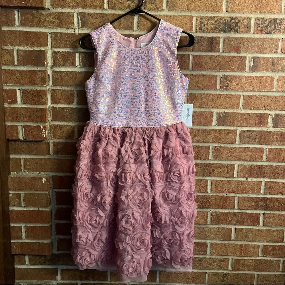 Kensie Girl Pink Sequin Rosette Dress Sleeveless Size 16 NWT